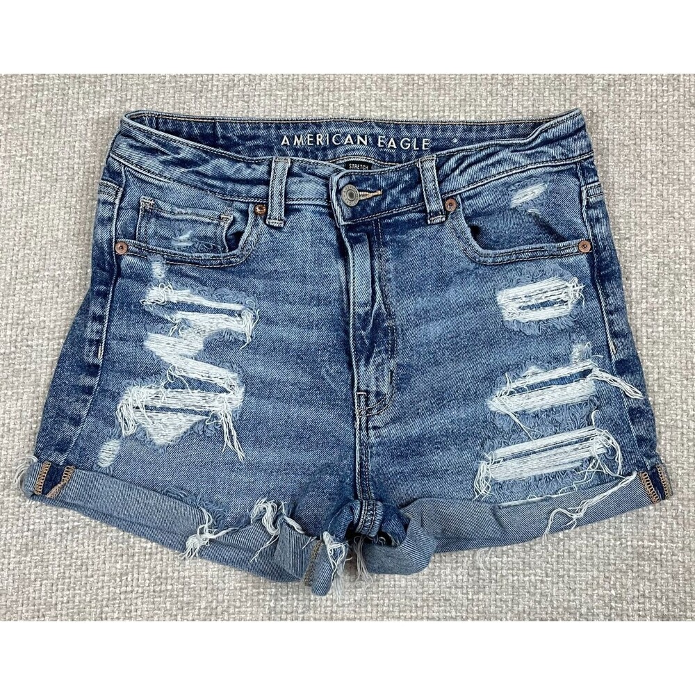 American Eagle Mom Shorts Women's 6 Blue Denim Stretch Distressed Trashed